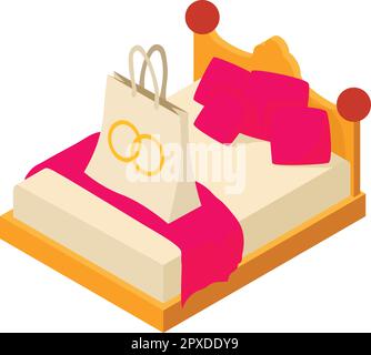 Wedding gift icon isometric vector. Gift bag with two gold ring picture on bed. Newlywed present, wedding concept Stock Vector