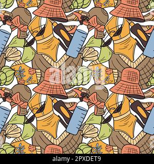 Crazy summer seamless pattern. Items for vacation. Rich print for designing clothes, notebooks, etc. Vector flat illustration. Holidays and tourism. O Stock Vector