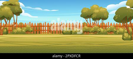 Backyard with wooden fence hedge sunny summer sky on background vector illustration Stock Vector