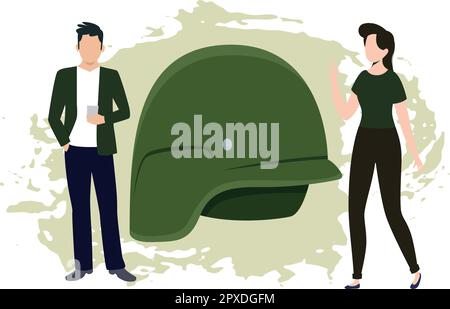 Boy and girl looking at military hat. Stock Vector