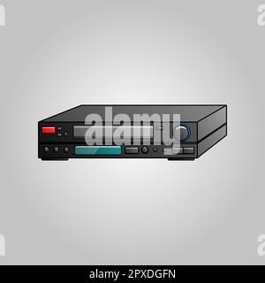 Old beautiful retro hipster video cassette recorder for watching movies from the 70s, 80s, 90s on a blue background. Stock Vector