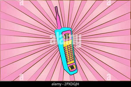 Retro old antique hipster mobile phone from the 70s, 80s, 90s, 2000s against a background of abstract pink rays. Vector illustration. Stock Vector