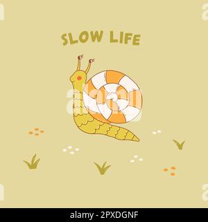Cute snail in field among grasses. Clam with striped shell. Slow life inscription. Colorful vector illustration hand drawn with outline on green backg Stock Vector