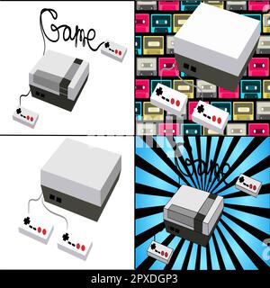 A set of old antique retro vintage hipster game consoles for video games from the 80's, 90's on different backgrounds. Vector illustration. Stock Vector