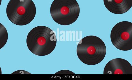 Seamless pattern of retro old hipster musical audio vinyl records from the 70s, 80s, 90s, 2000s on a blue background. Stock Vector