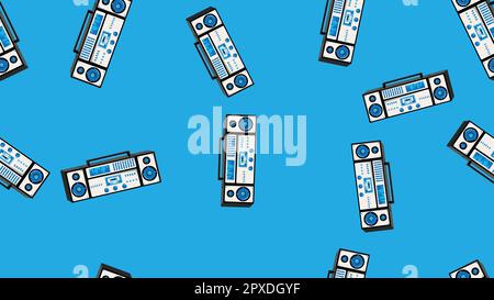 Seamless pattern endless with music audio cassette old retro tape recorders vintage hipster from 70s, 80s, 90s isolated on blue background. Vector ill Stock Vector
