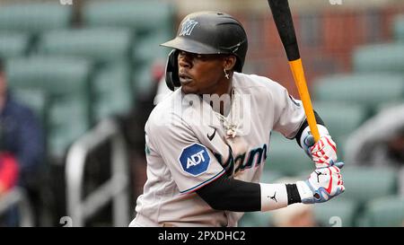 Miami Marlins center fielder Jazz Chisholm Jr. (2) is shown during a  baseball game against the Atlanta Braves Wednesday, April 26, 2023, in  Atlanta. (AP Photo/John Bazemore Stock Photo - Alamy