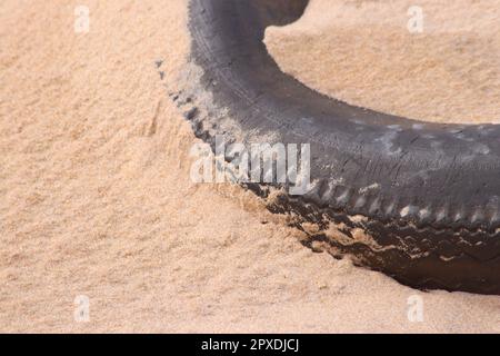 Old tyre washed up on beach Stock Photo