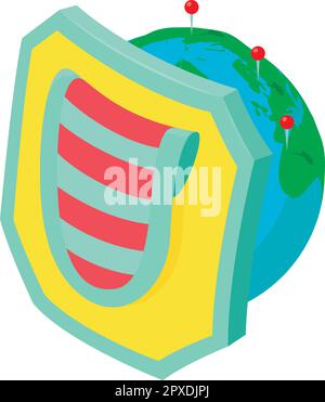Multicolored shield icon isometric vector. Bright shield on planet background. Protection concept, historical period Stock Vector
