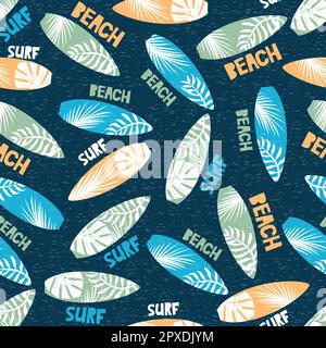 Seamless pattern with surf boards with scuffs and leaves. Summer print. Vector hand drawn illustration. Stock Vector