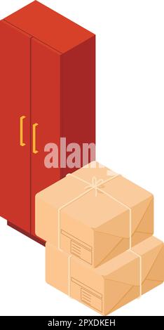 Wooden furniture icon isometric vector. New modern wooden locker and two parcel. Furniture transportation, delivery concept Stock Vector