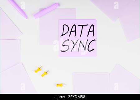 Conceptual display Data Sync, Conceptual photo data that is continuously generated by different sources Stock Photo