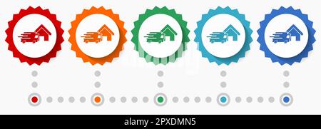 Home delivery, shipping, courier vector icon set, colorful infographic template, set of flat design badge icons in 5 color options Stock Vector