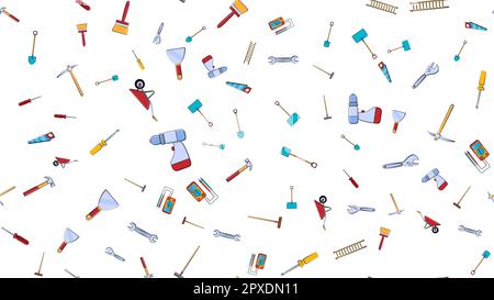 Texture, seamless pattern from a set of construction tools for repair: hammer, shovel, screwdriver, wrench, tester, brush, saw, trolley, trowel, ladde Stock Vector