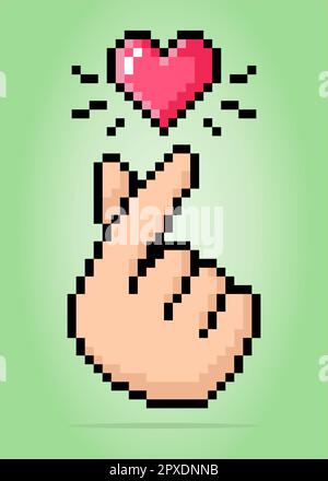 8-bit pixel of finger heart image. vector illustration of cross stitch pattern. Korean love sign for t-shirt design. Stock Vector