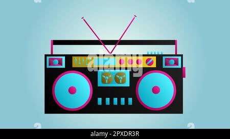 Old beautiful retro hipster music audio tape recorder and cassette from the 70s, 80s, 90s on a blue background. Stock Vector