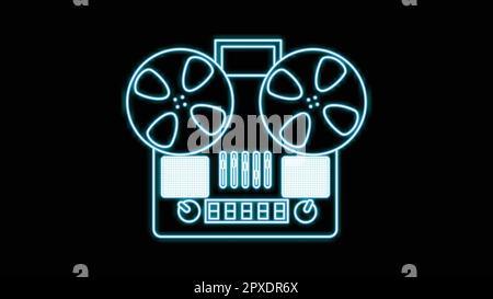 Blue neon music cassette audio tape recorder old retro hipster vintage from 70s, 80s, 90s on black background. Vector illustration. Stock Vector