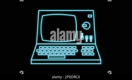 Blue neon personal computer with monitor, pc old retro hipster vintage from 70s, 80s, 90s on black background. Vector illustration. Stock Vector
