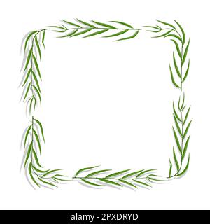 Willow tree frame with green leaves. Square border for greeting card decorating, invitation cards. Colored vector isolated on white background Stock Vector