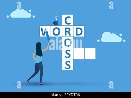 Brain Training crossword. Puzzle Solving Concept. People Have Fun Thinking on Riddle, Logic Game. Cartoon Vector Illustration Stock Vector