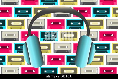 Blue big fashionable full-sized headphones for listening to music on the background of old retro vintage hipster audio cassettes from the 80's, 90's. Stock Vector