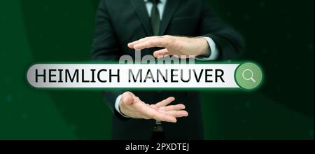 Writing displaying text Heimlich Maneuver, Word for application of upward pressure in case of choking Stock Photo