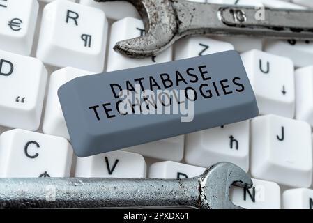 Hand writing sign Database Technologies, Word Written on uses a database application that provides database services Stock Photo