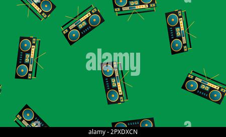 Seamless pattern of retro old hipster music audio tape recorders from the 70s, 80s, 90s, 2000s on a green background. Stock Vector