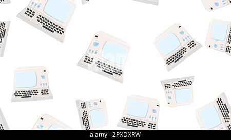 Seamless pattern endless computer with old retro computers, vintage white hipster pc from 70s, 80s, 90s isolated on white background. Vector illustrat Stock Vector