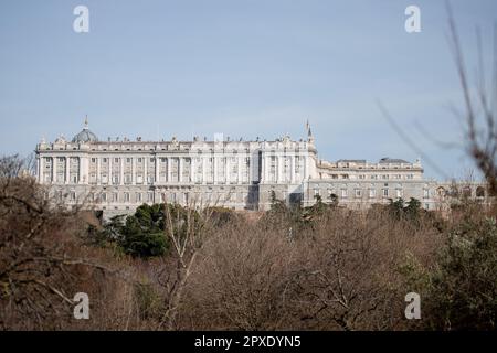 Full view of the royal palace from the Casa de Campo in Madrid during winter Stock Photo