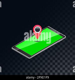 Red bright noticeable geolocation mark on a mobile isometric phone, smart phone on a green screen on a translucent, dark, checkered gray background of Stock Vector