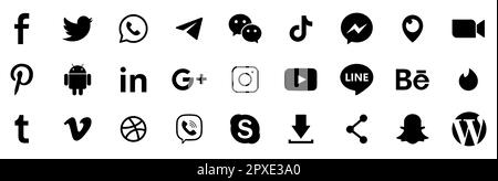 Vinnytsia, Ukraine - May 1, 2023. Set of most popular social media icons: Facebook, Instagram, WhatsApp, YouTube, Telegram, Viber, Pinterest, Skype, S Stock Vector
