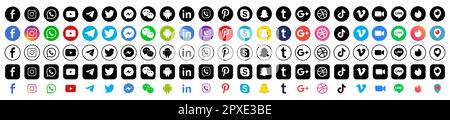 Vinnytsia, Ukraine - May 1, 2023. Set of most popular social media icons: Facebook, Instagram, WhatsApp, YouTube, Telegram, Viber, Pinterest, Skype, S Stock Vector