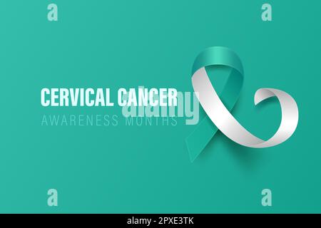 Cervical Cancer Banner, Card, Placard with Vector 3d Realistic Teal and White Ribbon on Teal Background. Cervical Cancer Awareness Month Symbol Closeu Stock Photo