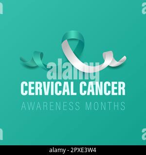 Cervical Cancer Banner, Card, Placard with Vector 3d Realistic Teal and White Ribbon on Teal Background. Cervical Cancer Awareness Month Symbol Closeu Stock Photo