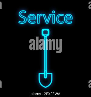 Bright luminous blue industrial digital neon sign for shop workshop service center beautiful shiny with a shovel for repair on a black background and Stock Vector