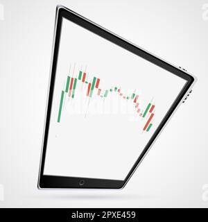 Large black realistic volumetric tilted twisted smart mobile touchscreen mobile phone, smartphone, tablet with financial business charts, Japanese can Stock Vector