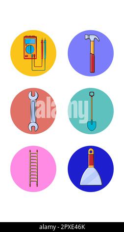 A set of six round icons for the current one with different construction tools for repairing a tester hammer wrench spade ladder putty knife on a whit Stock Vector