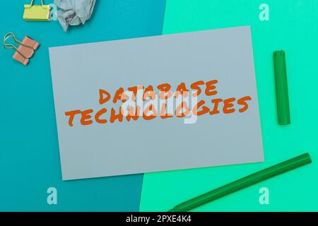 Hand writing sign Database Technologies, Word Written on uses a database application that provides database services Stock Photo
