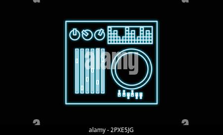 Blue neon dj console in vinyl old retro hipster vintage from 70s, 80s, 90s on black background. Vector illustration. Stock Vector