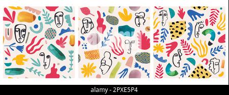 Vector set of seamless patterns. Collage cutout shapes, flowers and hand drawn cubism faces Stock Vector