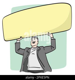 half length businessman holding big blank yellow sign over his head illustration vector hand drawn isolated on white background line art. Stock Vector
