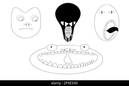 A set of 4 faces of black and white monsters of aliens. Vector illustration. Stock Vector