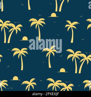 Seamless pattern in the summer mood with palm trees, sun and birds in hand drawn style Stock Vector