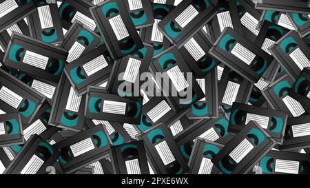 Seamless pattern of retro old hipster video cassettes for watching movies from the 70s, 80s, 90s, 2000s, background. Stock Vector