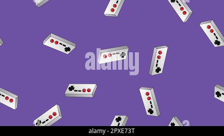 Seamless pattern of retro old hipster game consoles and joysticks texture from the 70s, 80s, 90s, 2000s on a purple background. Stock Vector