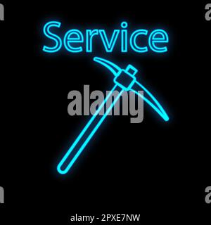 Bright glowing blue construction industrial digital neon sign for service center workshop shop beautiful shiny with miner's pick for repair on black b Stock Vector