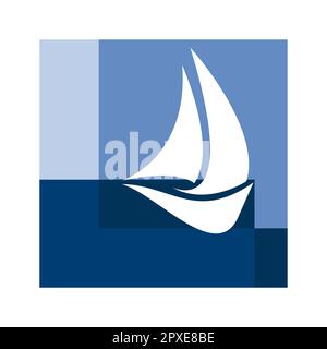 sailing ship inside squares, white sailboat on blue. Vector template, logo design Stock Vector