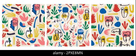 Vector set of seamless patterns. Collage cutout shapes, flowers and hand drawn cubism faces. Stock Vector