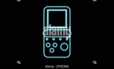 Blue neon glowing portable game console, for video games with buttons and screen old retro hipster vintage from 70s, 80s, 90s on black background. Vec Stock Vector